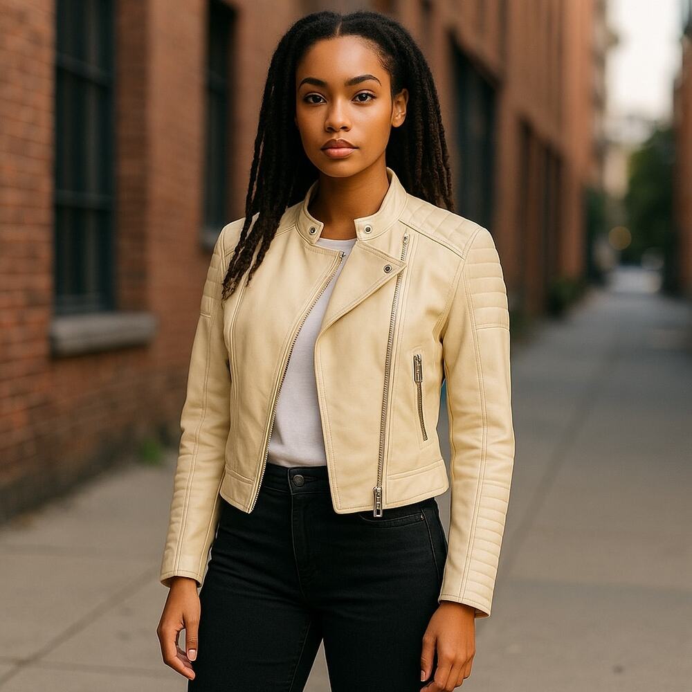 ZARA Moto Faux Leather Biker Jacket Off White S
